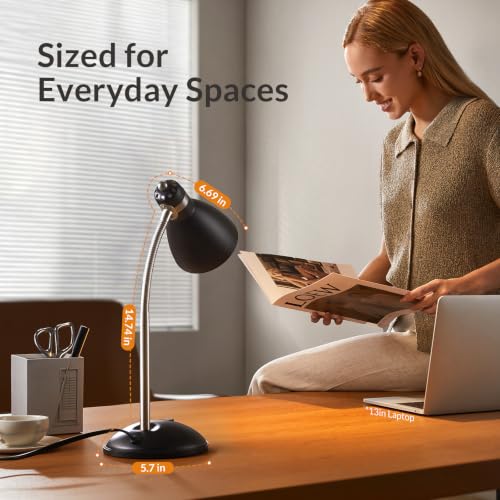 LEPOWER Metal Desk Lamp, Adjustable GooseNeck Reading Light for Bedroom | Compact & Sturdy, Space-Saving for Bedside & Dorm, E26 Table Lamp, Eye-Caring, Ideal for Study, Office, Back to School - color: Black