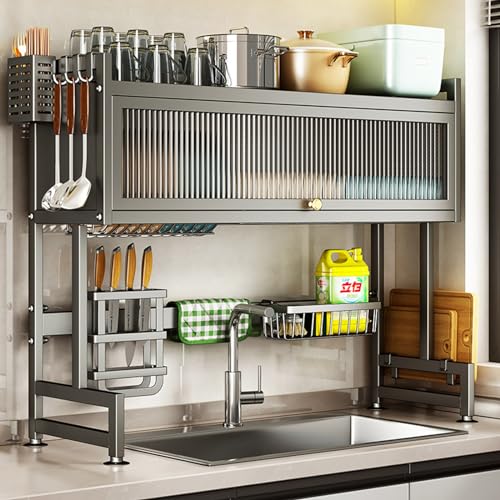 Hdrriozu Over the Sink Dish Drainer Drying Rack 3 Tier with Cover | Rust resistant built to last. Easy install simple tools. Holds all dishes glasses bowls. Space saving over sink tidy kitchen. - color: Matte gray