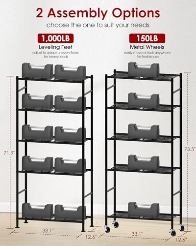 Sakugi 5-Tier Storage Shelves 33.1" x12.6" x73.5" Black with Wheels | Kitchen, Closet, Pantry, Garage, Heavy Duty, Adjustable Feet, Metal Construction - color: Black, size: 33.1W x 12.6D x 73.5H(5T)
