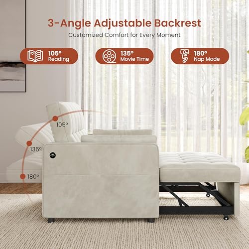 Yaheetech 3 in 1 Sofa Bed Convertible Sleeper Sofa with USB Ports, Beige | Velvet Pull Out Couch Folding Loveseat Sleeper, Armrest Pillows, USB Ports, Side Pockets for Living Room Bedroom Apartment - color: Beige