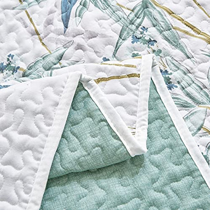 Flysheep Botanical Quilt Set 2 Pieces Twin Size, Green Leaves Printed on White Reversible Bedspread Coverlet Set, Soft Microfiber Lightweight Bed Cover for Kids (68" x 86", 1 Quilt+ 1 Pillow Sham) - color: Green Leaves, size: Twin-68" x 86" (1 Quilt + 1 P