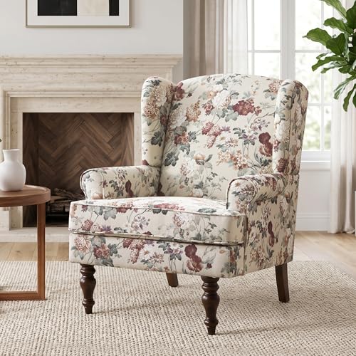 HUIMO Printed Wingback Accent Chair, Linen Upholstered High Back Armchair, Comfy Reading Chair for Living Room Bedroom Study, 300lbs Weight Capacity (1, Red Floral) - color: Red Floral
