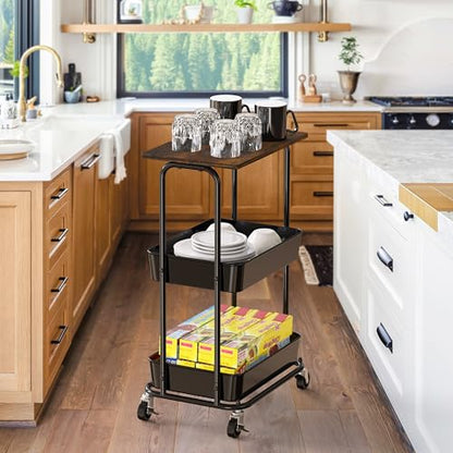 Simple Houseware 2-Tier Utility Cart Wood Top/Lockable Wheel, Rustic Brown | 2-Tier Metal Storage Organizer Trolley for Kitchen, Bathroom, Office, Craft Room - color: Rustic Brown
