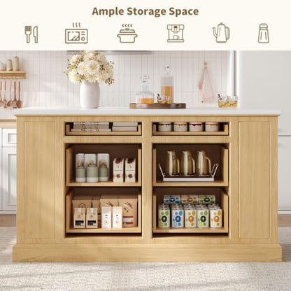 63" Kitchen Island with Storage, Farmhouse Stationary Island Table with 6 Drawers & Open Shelves, Heat-Resistant Countertop Storage Cabinet for Kitchen, Natural