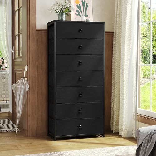 Fabric Dresser for Bedroom, Wide 7-Drawer Tall Vertical Tower (Black) | Wooden Top, Steel Frame, Easy Pull Bin,Organizer Unit for Living Room, Hallway, Entryway, Nursery, Closets - color: Black, style: Wide-7 Drawers