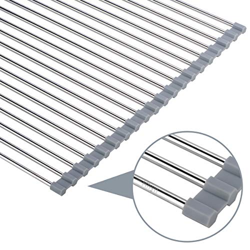 Hhyn Roll Up Dish Drying Rack Over The Sink 17.7"(L) x 15.6"(W), Gray | Multipurpose Foldable Stainless Steel Kitchen Rollable Drainer Rack - size: 17.7"(L) x 15.6"(W)
