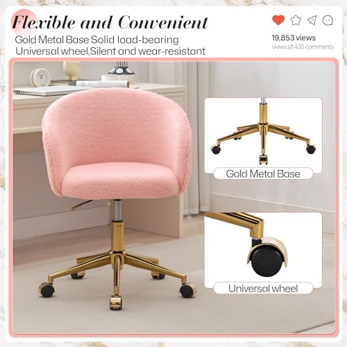 Faux Fur Makeup Vanity Chair,Home Office Desk Chair with Wheels, Blue | Fluffy Swivel Modern Armchair Upholstered Fuzzy Height Adjustable for Teens Women Girls Elegant for Living Room Bedroom - color: Round Pink+golden Base