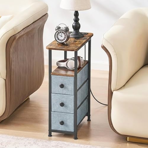 Narrow End Table with Charging Station, Narrow Side Table with Drawer, Small Nightstand with LED Light, Skinny Nightstand, Small Bedside Table for Living Room, Grey - color: Grey, size: 7.9" W x 18.9" D, style: Power + Light