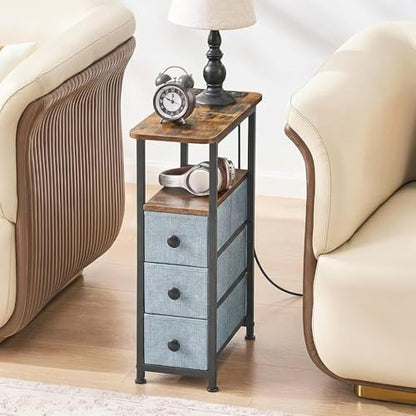 Narrow End Table with Charging Station, Narrow Side Table with Drawer, Small Nightstand with LED Light, Skinny Nightstand, Small Bedside Table for Living Room, Grey - color: Grey, size: 7.9" W x 18.9" D, style: Power + Light