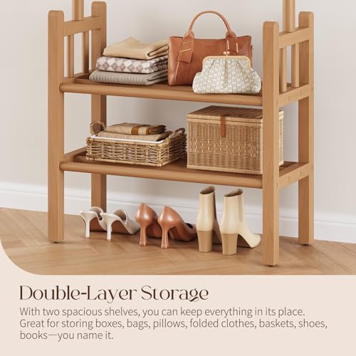 Yoobure Solid Wood Clothing Rack with Shelves - Coat Rack Freestanding with 6 Hooks, 3-in-1 Hall Tree for Hanging Clothes, Tall Garment Racks with Storage for Bedroom, Entryway, Living Room, Closet - color: Natural