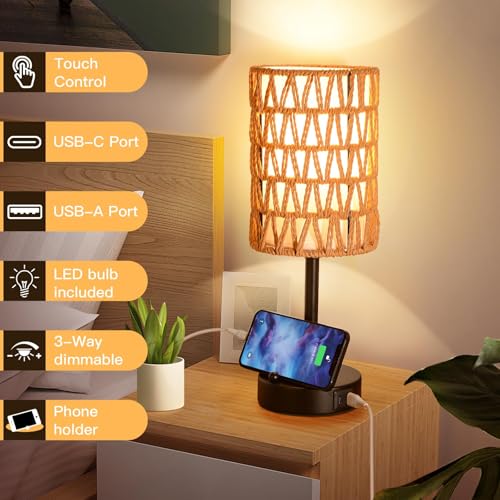 Rattan Table Lamps for Living Room, 3 Way Dimmable Touch Lamps, Small Bedside Lamps with LED Bulbs, Phone Stand, USB Ports and AC Outlet, Boho Nightstand Lamp for Kids Room, Bedroom, Office (1 Pack) - size: 1 Pack Rattan