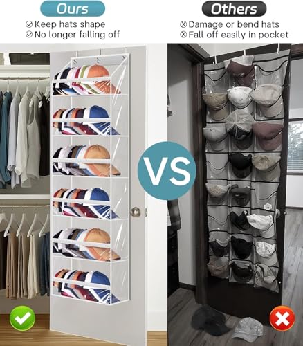 AOODA Clear Over the Door Hat Racks for Baseball Caps, Large Holds up to 72 Caps Hat Storage Organizer for Closet Wall, Deep Pockets Hanging Snapback Holder Shelves with 3 Hooks, White - color: White, size: 53.5"