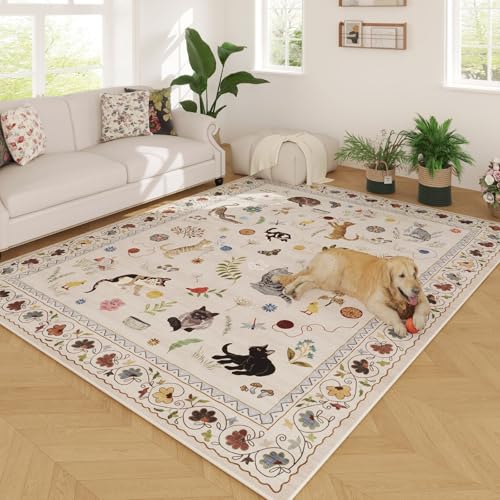Rugcomf Living Room Rug 5x7 Rug Machine Washable Boho Area Rug Non Slip Floral Animal Cat Vintage Low Pile Large Rugs for Living Room Bedroom Farmhouse Dining Room Kids Playroom, Beige - color: Beige/Cat, size: 5' x 7' (Rectangular)