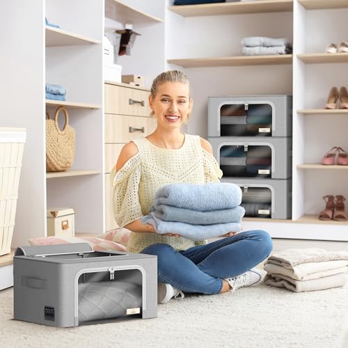 Sorbus Storage Bins with Metal Frame - Stackable & Foldable Clothes Organizer Bags - Oxford Fabric Storage Containers with Large Clear Window & Carry Handles, Bedroom Organization for Bedding & Linen - color: Gray, size: 2 Pack