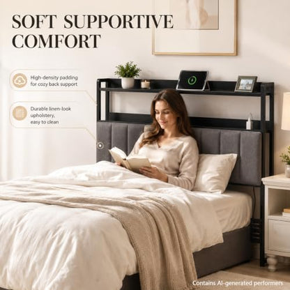 Upholstered Queen Headboard with Storage and USB (Queen (U.S. Standard)) | bedroom dorm apartment, soft vertical panel, adjustable height, LED Light, bed frame adapters, queen size headboard only - size: Queen (U.S. Standard)
