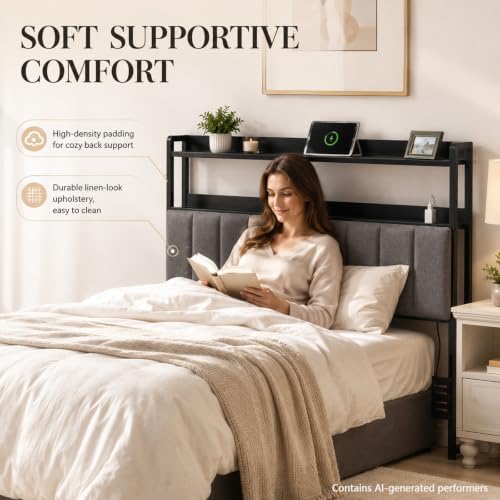 Upholstered Full Headboard with Storage and USB (Full) | bedroom dorm apartment, soft vertical panel, adjustable height, LED Light, bed frame adapters, full size headboard only - size: Full