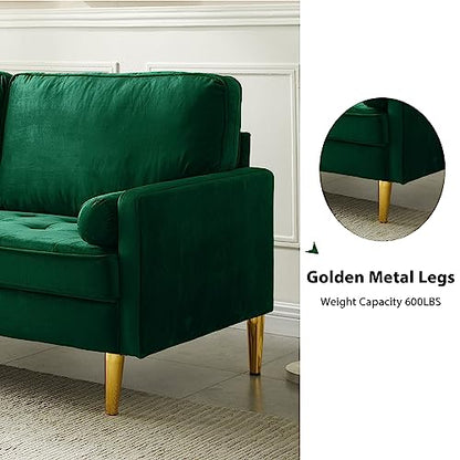 67" Modern Velvet Loveseat Sofa Couch, Mid-Century Tufted Upholstered Small Love Seat Couch with 2 Pillows & 4 Golden Legs, 2-Seats Couches for Compact Space, Living Room, Apartment (Emerald) - color: Emerald