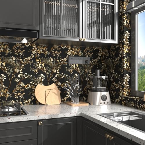 Moody Black Dark Leaves Floral Peel and Stick Wallpaper 17.4" x 118" | Renter Friendly, Removable & Waterproof, Vinyl Easy Install for Bedrooms, Bathrooms, Kitchens, Cabinets and Home Decor - color: Black/Muted Gold, size: 17.4" x 118"