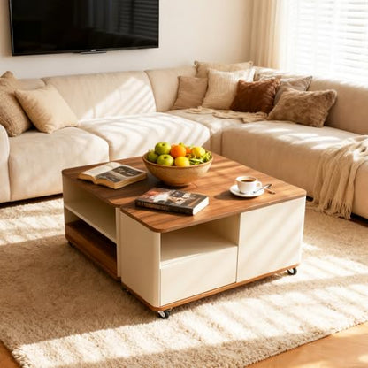 Modular Coffee Table Set of 2 with Wheels, L-Shape Convertible Wood Center Table with Drawer, Modern Nesting Small End Tables for Living Room Apartment, Space Saving Flexible Layout