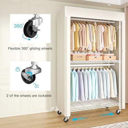 White Clothing Rack with Beige Cover, P1C Rolling Closets | Metal Garment Rack for Hanging Clothes, Clothing Storage Wardrobe, with Wheels - color: White Rack With Beige Cover