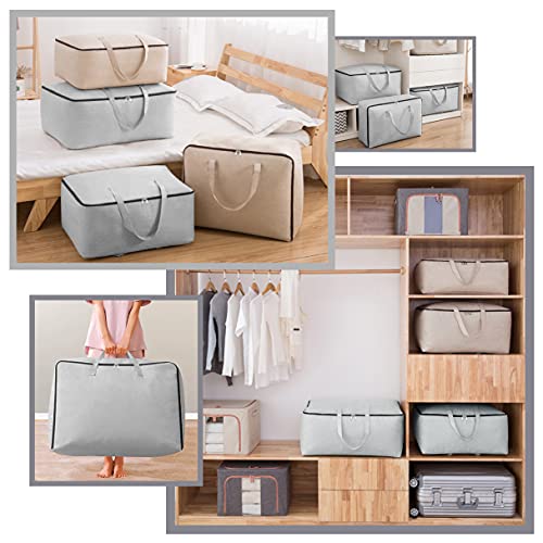 3pcs Cotton Clothes Bedding Storage Organizer Bins with Handles 3-side Zip | Breathable Canvas, Soft Storage Bins, Good for winter Clothes, Sweaters blankets, duvets, pillows Organizer, Beige, washable