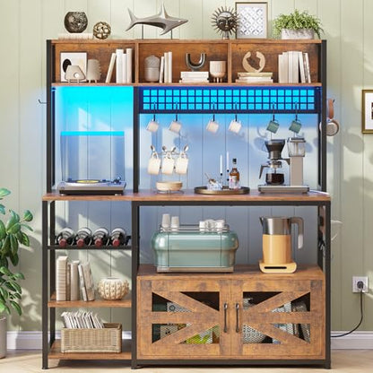 Itaar 47.2 Inch Bakers Rack with Power Outlet, Microwave Stand with Storage, Farmhouse Coffee Bar Cabinet Station with Wine Rack, Iron Mesh and 8-S Hooks (Rustic Brown) - color: Rustic Brown