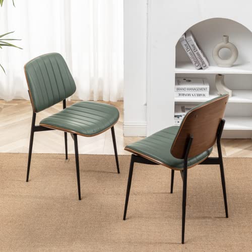 LUNLING Dining Chairs Set of 2 Mid Century Modern Retro Faux Leather Chair with Walnut Bentwood Upholstered Seat Metal Legs Chairs,Adjustable Foot for Kitchen Dining Room Chairs(Green) - color: Green, size: Set of 2