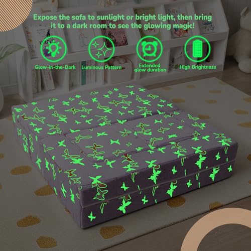 MeMoreCool Glow in Dark Butterfly Kids Couch, Fold Out Sofa, Lavender | Glow in dark butterfly kids couch - color: Lavender Butterfly