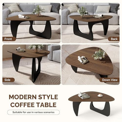 Modern Wood Coffee Table, Triangle Center Table with Premium Wooden Top& Unique Base, 35.5” Small Mid Century Tea Tables for Living Room, Apartment, Office,Walnut & Black - color: Walnut & Black, size: Medium 35.5*25.5*15.7in