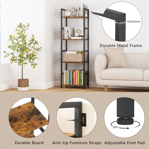 4 Tier Bookshelf, Narrow Storage Organizer for Small Space, Brown | Heavy-duty steel frame, 4 open shelves, Anti-slip feet, Easy assembly, Industrial Storage for Living room, Bedroom - size: 4 Tier