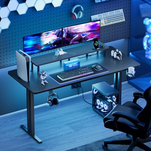 HLDIRECT 47 Inch Gaming Desk with LED Lights & Cable Management, Black | Ergonomic carbon fiber gaming computer desk with 5 sockets, monitor stand, cup holder, headphone hook & mouse pad for gamers - size: 47INCH