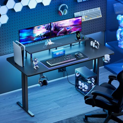HLDIRECT 55 Inch Gaming Desk with LED Lights & Cable Management, Black | Ergonomic carbon fiber gaming computer desk with 5 sockets, monitor stand, cup holder, headphone hook & mouse pad for gamers - size: 55INCH