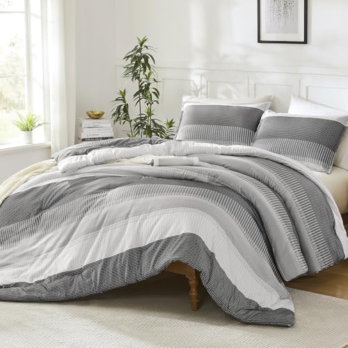 Litanika Queen Comforter Set - 3 Pieces Stripe Bedding Comforter Sets | Dark Grey Men Fluffy Lightweight Soft Colorblock Down Alternative All Season Bed Set - color: Dark Grey, size: Queen