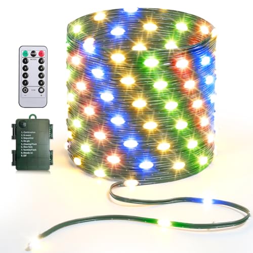 33ft Battery Operated String Lights, 100 LED Fairy String Lights Battery Powered w/Remote & Timer for Indoor Outdoor Christmas Trees Wreath Decoration Bedroom Patio - Multicolor - color: Green Wire - Multi