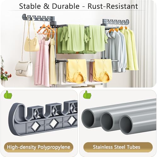Upgraded 4-Tier Clothes Drying Rack, Drying Rack Clothing with Wheels | Large Foldable Laundry Drying Rack, Clothes Rack with Side Hooks for Indoor Outdoor Air Drying, 19.68"D x 29.9"W x 67.7"H - size: 19.68"D x 29.92"W x 67.70"H