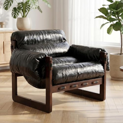 Modern Leather Accent Chair, Mid Century Reading Chair with Solid Wood Frame and Removable Padded Armrests, Upholstered Armchair with Soft Cushion for Bedroom Balcony Lounge Reading Room, Retro Black - color: Pu Leather-black