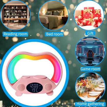 IHAO 6in1 Wireless Charging Station with Bluetooth Speaker Time&Temperature Display Alarm Clock 7-Color LED Night Lights Fast Charger for Phone, Apple Watch, Earbuds Remote Control Auto Shutoff-Pink - color: 6in1 Wireless Charger Alarm Clock Zs932 Pink