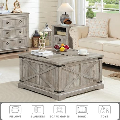 Joaxswe Farmhouse Coffee Table with Large Hidden Storage Compartment, Light Oak Square Center Table, Wood Rustic Low Modern Living Room Tables with Hinged Lift Brown Top & Wooden Arc Base - color: Light Oak, style: With Base
