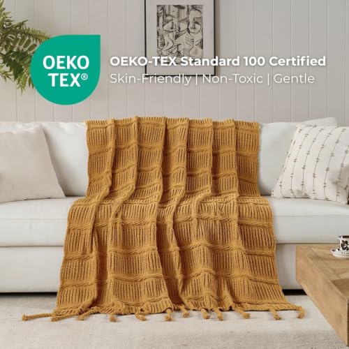 Boho Knitted Chenille Blanket with Tassels - Lightweight & Soft All-Season Throw - 3D Classic Pattern for Living Room Bedroom Couch, Amber Brown, Throw 50"x60" - color: Amber Brown, size: Throw
