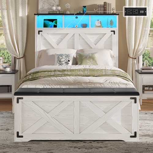 Farmhouse Bed Frame Twin Size with Storage Headboard, Charging Station and LED Light, Wooden Twin Bed Frame with Storage Ottoman, Barn Door Design, No Box Spring Needed, No Noise (Walnut White) - color: Walnut White, size: Twin