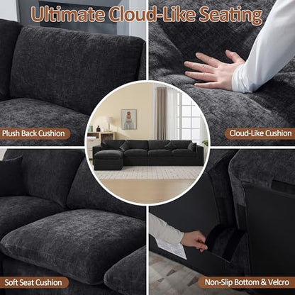 146''Cloud Boneless Sectional Couch, Modular Sectional Sofa Deep Seat with Ottoman, Oversized Upholstered Convertible Comfy 5 Seater Chenille Sofa L Shape Couches for Living Room, Dark - color: Dark, size: 146"/4 Seater+1 Ottoman