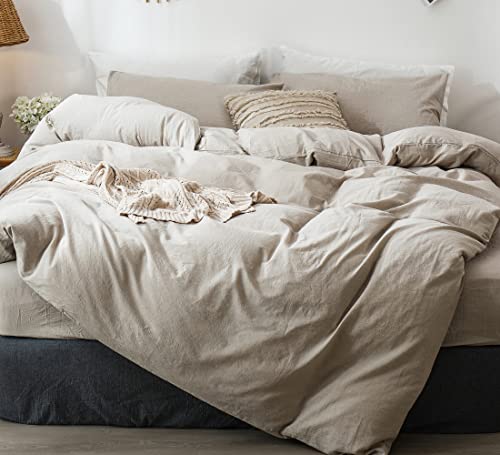 MooMee Duvet Cover Set 100% Washed Cotton Linen Like Oversized King | Relaxed Linen-like Texture. Soft, Breathable & Long-lasting Comfort. Lightweight. Hidden Zipper with 8 Interior Corner Ties - color: Heathered Tannish Linen Grey (No Comforter), size: P