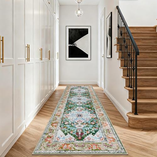 U'Artlines 3'x10' Boho Hallway Runner Rug Non Slip Washable Runners,Green | Vintage Farmhouse Kitchen Rug Accent Area Carpet for Entryway Laundry and Living Room - color: Green, size: 3' x 10' (Runner)