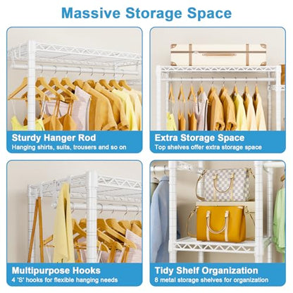 E4 Clothes Rack, Heavy-Duty Garment Rack, Metal Freestanding Clothing Organization Storage System Can Be L-shaped with Shelves and Hangers, Max Load 962lbs, 71.6" W x 14.5" D x 79.3" H, White | Metal Freestanding Clothing Organization Storage System with