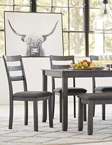 Signature Design by Ashley 6-Piece Dining Table Set with Bench, Gray | Plush gray polyester seats, Wood, veneer and engineered wood build, Space-saving tuck-under bench, Bridson Series - color: Grey
