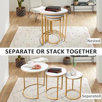 AT-VALY Nesting Tables Coffee Table Set of 3,Round Side Table Small Accent Table for Living Room,Bedroom Apartment (Gold) - color: Gold, size: 20.5 Inch