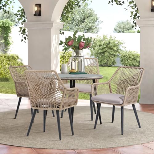 Patio Dining Chairs Set of 4, Woven Outdoor Chairs with Armrest, Tan | All-Weather Woven Rope Rattan & Iron Frame, w/Seat Cushions,350lb Weight Capacity, for Backyard, Deck, Indoor Dining Kitchen - color: Tan & Cross Back, size: 4 Pcs-Dining Chairs