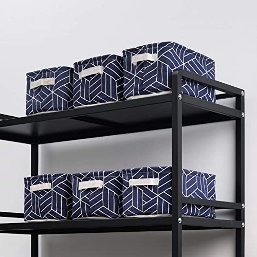 CROWNED 6 Pcs Storage Basket Foldable Cube Fabric Bins Square Mini Box Receive Organizer Rectangle Canvas with Handles for Home Office Books Small 11x8x6.3 inch Navy | 11x8x6.3 inch Square Mini Box Receive Organizer, Small Rectangle Canvas with Handles, F