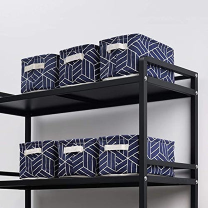 CROWNED 6 Pcs Storage Basket Foldable Cube Fabric Bins Square Mini Box Receive Organizer Rectangle Canvas with Handles for Home Office Books Small 11x8x6.3 inch Navy | 11x8x6.3 inch Square Mini Box Receive Organizer, Small Rectangle Canvas with Handles, F