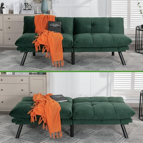 71" Velvet Futon Couch Bed with Mattress Included,Convertible Folding Sleeper Sofa Bed with Adjustable Backrests,Modern Loveseat Sleeper for Living Room Bedroom Small Space Home Office (Green)